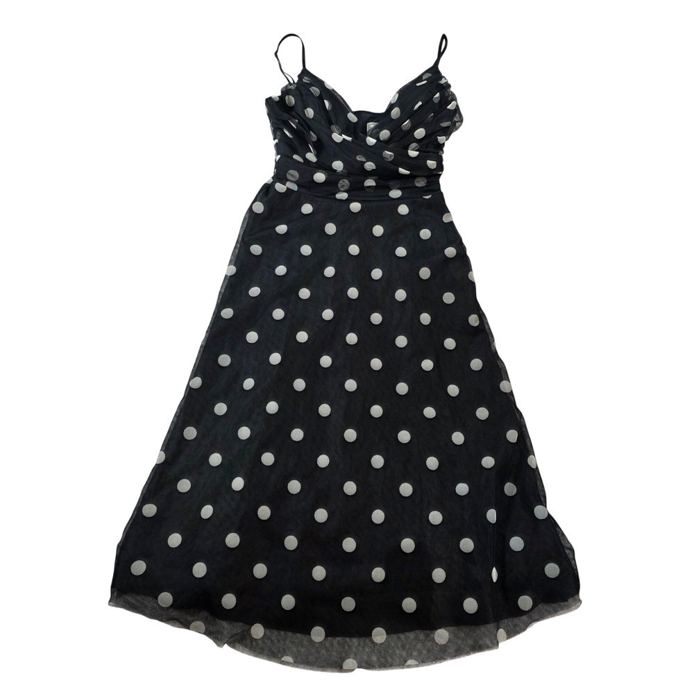 Eliza J Polka Dot Mesh Ruched Midi Dress Black White 10 Womens Cocktail